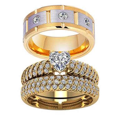 Imagem de ringheart 2 anéis para casal, conjuntos de alianças de casamento com coração banhado a ouro amarelo, feminino, aço de titânio, alianças de casamento masculinas, women size9 & men size11, Metal Cristal