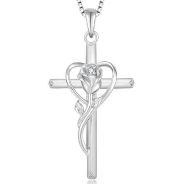 Imagem de FYNSBLE Colar com cruz de rosa, prata esterlina 925, colar de coração para mulheres, pingente de crucifixo religioso, colar de flor rosa, zircônia cúbica, colar de amor, colar delicado que não mancha,