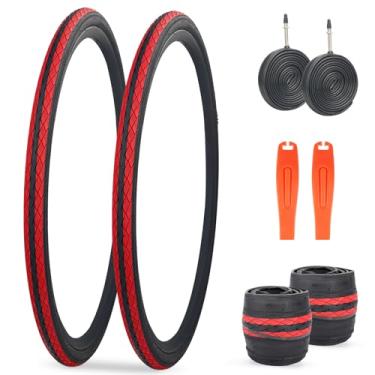 Imagem de WEEROCK Pneu de bicicleta 700C pacote com 2 pneus de bicicleta 700 X 35C (37-622) com tubo interno para pneus de substituição dobráveis de bicicleta de estrada, linhas vermelhas na parte superior