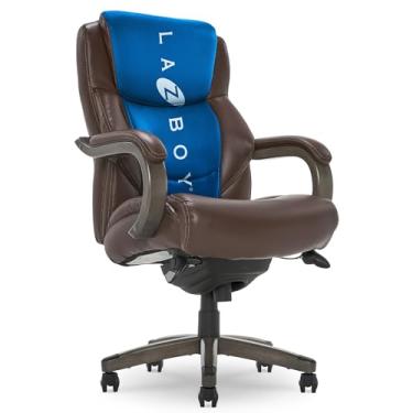 Imagem de La-Z-Boy Delano Cadeira executiva grande e alta para escritório | Suporte ergonômico lombar com costas altas, couro colado, marrom com madeira cinza desgastada |