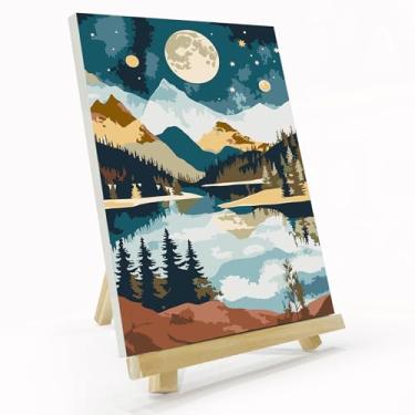 Imagem de JOOZ Kit de pintura de montanha por números para adultos com moldura, pintura da lua por número com cavalete, kit de pintura a óleo DIY Easy Mountain Lake tela emoldurada para decoração de parede de