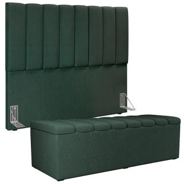 Imagem de Kit Cabeceira Cama Box Casal 140 cm Calçadeira Recamier Baú Dália W01 Linho Madeira Ver...