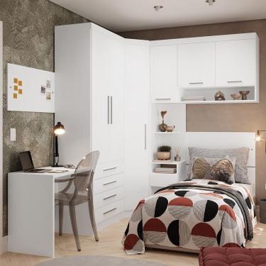 Imagem de Quarto De Canto Solteiro Com Guarda Roupas Cabeceira E Escrivaninha Alpes Luciane Móveis Branco Pf Com Branco Pf