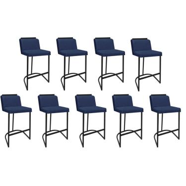 Imagem de Kit 09 Banquetas Com Encosto Confort Bistrô Cozinha Ferro Preto Linho Azul Marinho Amey Decor