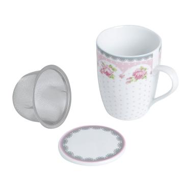 Imagem de Caneca De Porcelana Super White Com Tampa E Filtro Rose Rosa Branca 310ml 2178 - Lyor