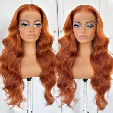 Imagem de MITIMES Peruca Frontal De Renda Laranja Ruiva, Cabelo Sintético, Ondas Longas, Adequada Para Qualquer Formato Rosto, Crescimento Semelhante Ao Couro Cabeludo, Hd Pré-Cortada, Uso Sem Cola, Perfeita