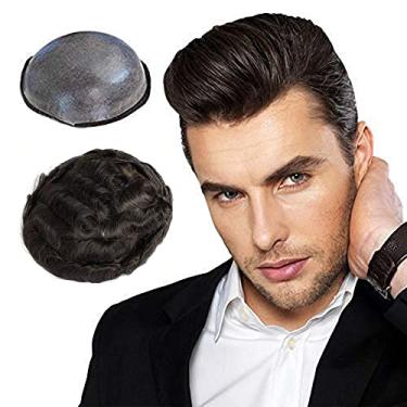 Imagem de LLWear Peruca Masculina 100% Cabelo Humano Europeu Legítimo, Peças Masculinas, 0,06 Mm, Sistema De Pele Fina E Macia, Base 8 X 10 Pol., Substituição Pu Nº 1B (Cor Preta)