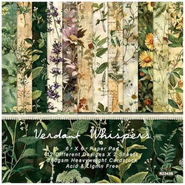 Imagem de ZAKHSE Bloco de papel para scrapbook, 15 x 15 cm, cartolina de um lado com estampa de flores de plantas, 24 folhas, 160 g/m², papel decorativo sem ácido para artesanato para álbum de fotos faça você