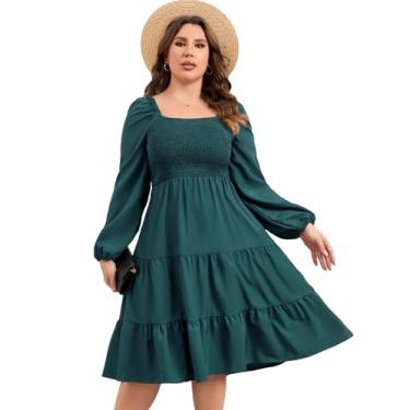 Imagem de ShopWonder Vestidos de verão plus size, sem mangas, gola quadrada, franzido, plissado, evasê, maxi vestido, Winelong, 3G