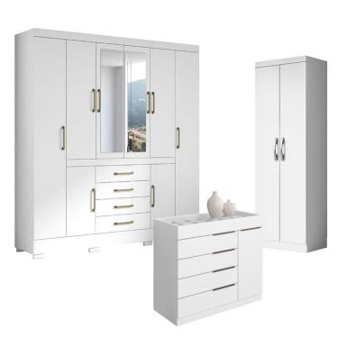 Imagem de Guarda Roupa Casal Nápole 2045149 e Armário Multiuso New 2000192 e Cômoda Sevilha Branco - Aramóveis