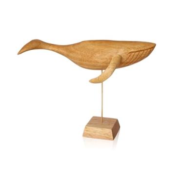 Imagem de SHANJIANG Estatueta de baleia de madeira maciça – Escultura de baleia jubarte com acabamento natural com óleo de cera ecológico, decoração de madeira inspirada no oceano para prateleiras