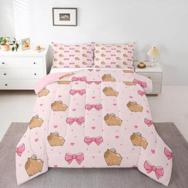 Imagem de Erosebridal Conjunto de cama solteiro com laço, capivara, rosa, coração, para meninas, adolescentes, adultos, animais fofos, animais de estimação, kawaii, lavável na máquina