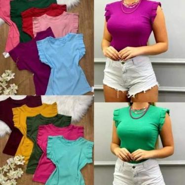 Imagem de Blusa manga curta babado com elastano feminino malha canelada - Filó M