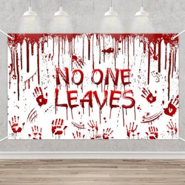 Imagem de MEHOFOND Banner Bloody Happy Halloween Backdrop No One Leaves Photography Background Scary Blood Wall Horror Bloody Handprint Decorações de festa de Halloween Banner de mesa de bolo Adereços para