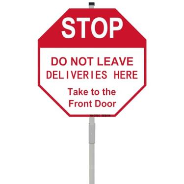 Imagem de Wagsuo "Stop - Do Not Leave Deliveries Here, Take To The Front Door" Placa octogonal de 25,4 cm x 25,4 cm com estacas de metal, cobertura refletiva de alumínio, resistente ao desbotamento