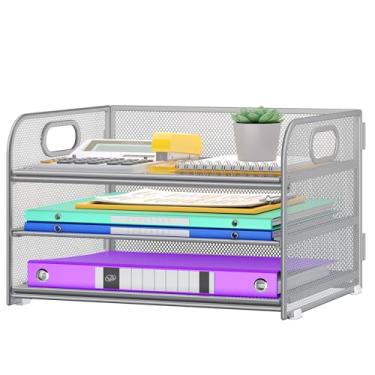 Imagem de Cawukege Organizador de papel de 3 camadas com alça, organizador de mesa de metal, bandeja de papel de malha, pasta de arquivos, classificador de documentos para sala de aula, escola, acessórios de