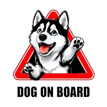 Imagem de Adesivo Dog on Board – Decalque de carro de 12 cm fofo filhote de cachorro Husky – Sinal de alerta de vinil à prova d'água para veículos, caminhões, SUVs, janelas – Presente engraçado para amantes de