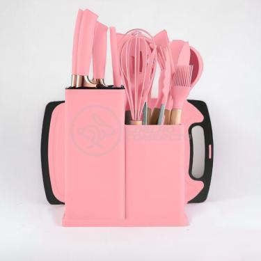 Imagem de Jogo Completo De Cozinha Rosa - 19 Utensílios De Silicone E Madeira Com Tábua De Corte Incluso