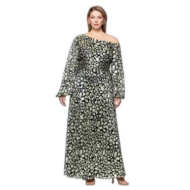 Imagem de Betsy & Adam Vestido feminino longo, ombro de fora, manga comprida, vestido metálico, Verde/dourado, 52