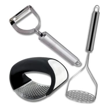 Imagem de Kit 3 Peças Amassador Espremedor Triturador de Alho, Amassador de Batatas Purê Legumes e Feijão E Descascador De Alimentos em Aço Inox Ergonômico Amassar e Descascar Alho