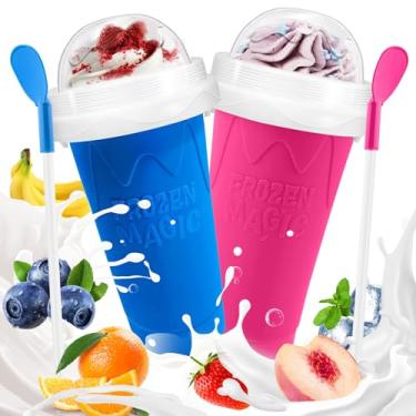 Imagem de Copo Slushie, 2 unidades de copos para fazer sorvete de iogurte, iogurte, faça você mesmo com tampa e canudo para crianças, amigos e familiares (azul + rosa)