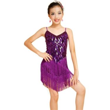 Imagem de Brilhante Lantejoulas Borlas Vestido De Dança Latina Para Meninas Dança Franja Vestido Salsa Salão De Baile Saia Prática Trajes Cha Cha Salsa Tango Competição Dancewear, Purple, L