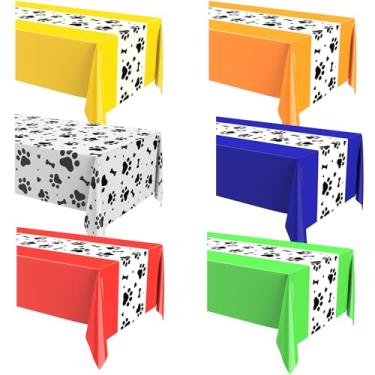 Imagem de Oudain 6 peças de toalhas de mesa de plástico com estampa de pata descartáveis, retangulares, placas ósseas, capas de mesa grandes para decoração de festa de aniversário com tema de cachorro, menino