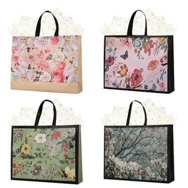 Imagem de Pacote com 4 sacos de presente de 32 cm tamanho médio – Inclui papel de seda e cartões, sacos de presente reutilizáveis não tecidos ou de papelão com alças para aniversário, festa, chá de bebê