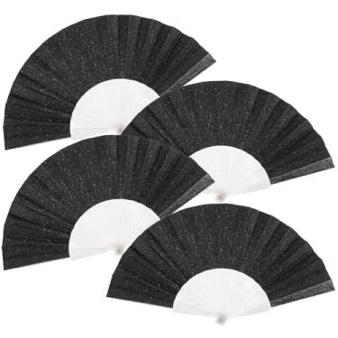 Imagem de Pacote com 4 leques de mão femininos com glitter e nervuras transparentes brilhantes – Ideal para casamento, igreja, festival, dança, festa de chá, clube e acessórios EDM, preto