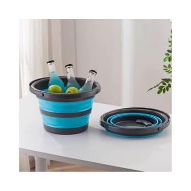 Imagem de Balde Retrátil Dobrável, 5 Litros, Azul e Cinza, com Alça para Bebidas e Uso Múltiplo