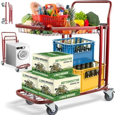 Imagem de Osluken Carrinho de mão 2 em 1 conversível com plataforma de metal resistente de 2 níveis | Carrinho de mão de carrinho de mão de carrinho de compras dobrável com capacidade de 317 kg com cesta