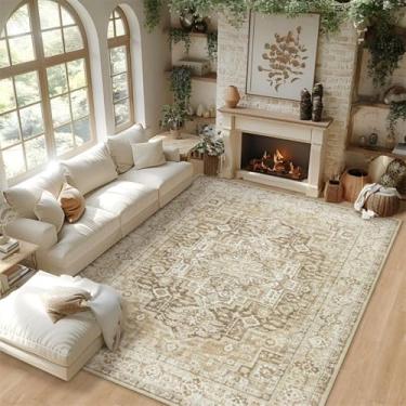 Imagem de ESSMOKO Tapetes tapete turco persa para casa, sala de estar, quarto, mesinha de cabeceira, lavável à máquina, tapete de vários tamanhos, tom dourado de luxo, 120 x 180 cm