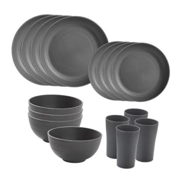 Imagem de Bothyi Conjunto de louças com 16 peças, tigelas redondas de palha PP minimalistas para 4 pratos de sobremesa inquebráveis para camping ao ar livre, cozinha, Cinza