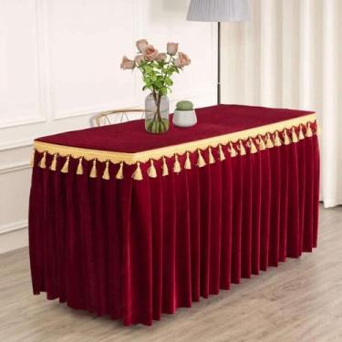 Imagem de Toalha de mesa de veludo dourado para conferências e exposições, com franjas, para saia de mesa retangular, vinho tinto, 180x40x75 cm