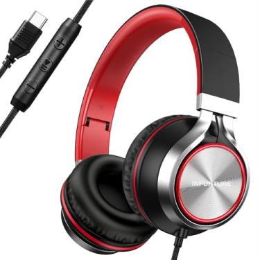 Imagem de INFURTURE Fones de ouvido com fio USB C (tipo C) com microfone e controle de volume, linha sem emaranhamento, fones de ouvido sobre/intra-auriculares, leves e dobráveis para smartphone, tablet, iPhone