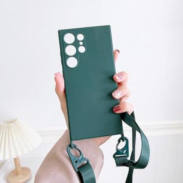 Imagem de HJZSZX Para Samsung S23Ultra Cor sólida fosca corda pendurada macia TPU capa de telefone à prova de choque capa traseira (para Samsung S23Ultra/verde escuro)
