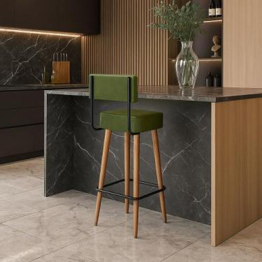 Imagem de Banqueta Alta Cozinha 70cm Encosto Pé Madeira Barcelona PU Verde S02 -