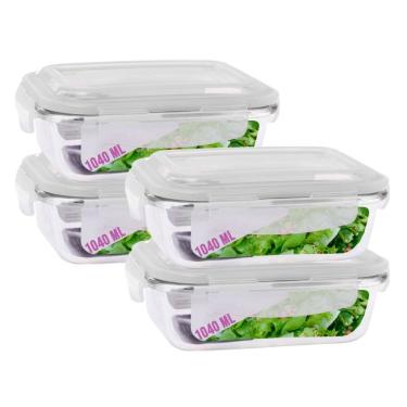 Imagem de Kit 4 Potes Hermetico  Vidro Transparente 1040ml Marmitas 4 Travas