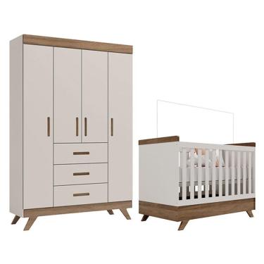 Imagem de Berço Americano Vitória e Guarda Roupa Infantil Retrô Maya Off White Carvalho - Carolina