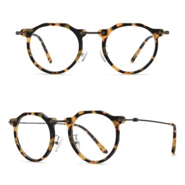 Imagem de VFDHN Armação de óculos de acetato de titânio feminino vintage retrô redondo masculino (Leopard C2)