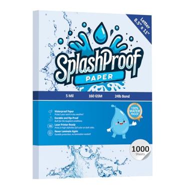 Imagem de SplashProof Papel para impressora - 21,6 cm x 28 cm, papel impermeável de 5 mil, compatível com impressora a laser e máquina de copiar (21,6 cm x 28 cm - carta, 1.000 folhas)