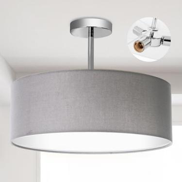 Imagem de Luminária de teto, Luminária pendente de tecido moderno com montagem semi-embutida, Abajur de tambor cinza grande, Luminária pendente redonda, lâmpadas para quartos, mate cromado embutido, 3 lâmpadas