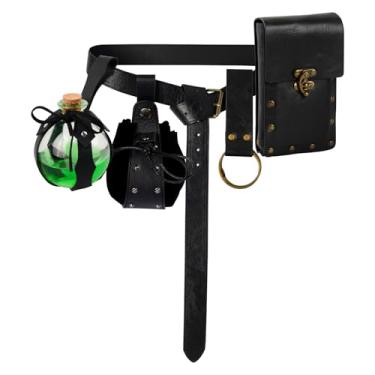 Imagem de Bolsa de couro medieval com cinto renascentista para fantasias piratas Steampunk Ren Faire LARP acessório para pochete, Preto, Cinto Viking