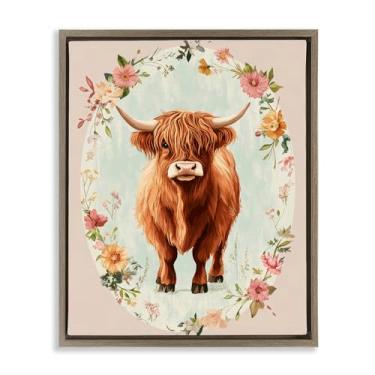 Imagem de Stupell Industries Design de arte de parede em tela flutuante marrom vaca com borda de flor de pêssego por Petal Prints Design, 53 x 43 cm