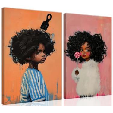 Imagem de Arte de parede infantil preta - impressões em tela de crianças afro-americanas, pinturas modernas de retratos afro-americanos para quarto de meninas, arte de berçário de menina negra fofa, decoração