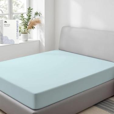 Imagem de Mayfair Linen Lençol solteiro 100% algodão orgânico, tecido percal, espuma do mar, 1 lençol com elástico alto, para colchões de até 40,6 cm, roupa de cama fresca e nítida, lençóis de luxo com