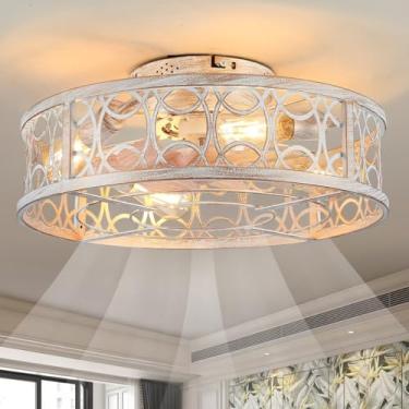 Imagem de Alaruder Ventiladores de teto com montagem embutida de luzes, ventilador branco pequeno moderno com gaiola de 50 cm para quarto, ventilador de teto de perfil baixo com controle remoto, 6 velocidades