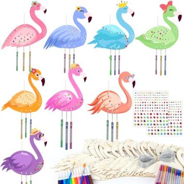 Imagem de gisgfim Pacote com 16 kits de sino de vento de flamingo, artesanato de flamingo para crianças, faça seu próprio sino de vento, de madeira, artes e artesanato para festa de verão no Havaí, escola, sala