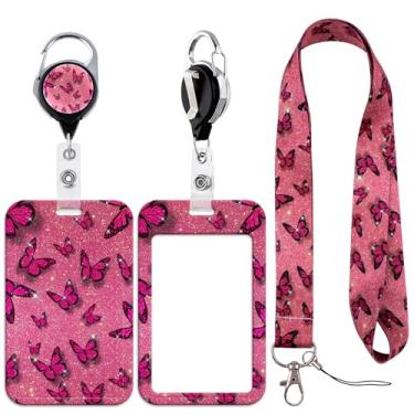 Imagem de Cordão para cartão de identificação, capa protetora de crachá de borboleta rosa com cordão retrátil, mosquetão resistente, porta-chaves vertical para enfermeira, professor, escritório, equipe de
