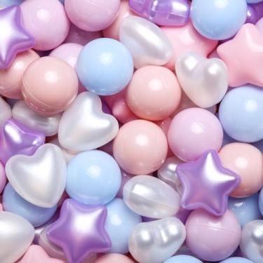Imagem de GOGOSO Bolas de plástico para poços de bolas, formato de corações de estrelas para crianças pequenas, estrelas + bolas de coração, rosa pérola + azul + roxo, 200 peças